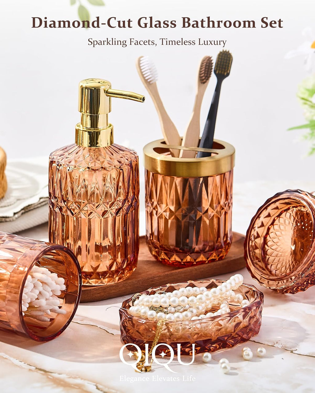 Amber 5Pcs Bathroom Accessories Set, Diamond Heavy Cut Glass Soap