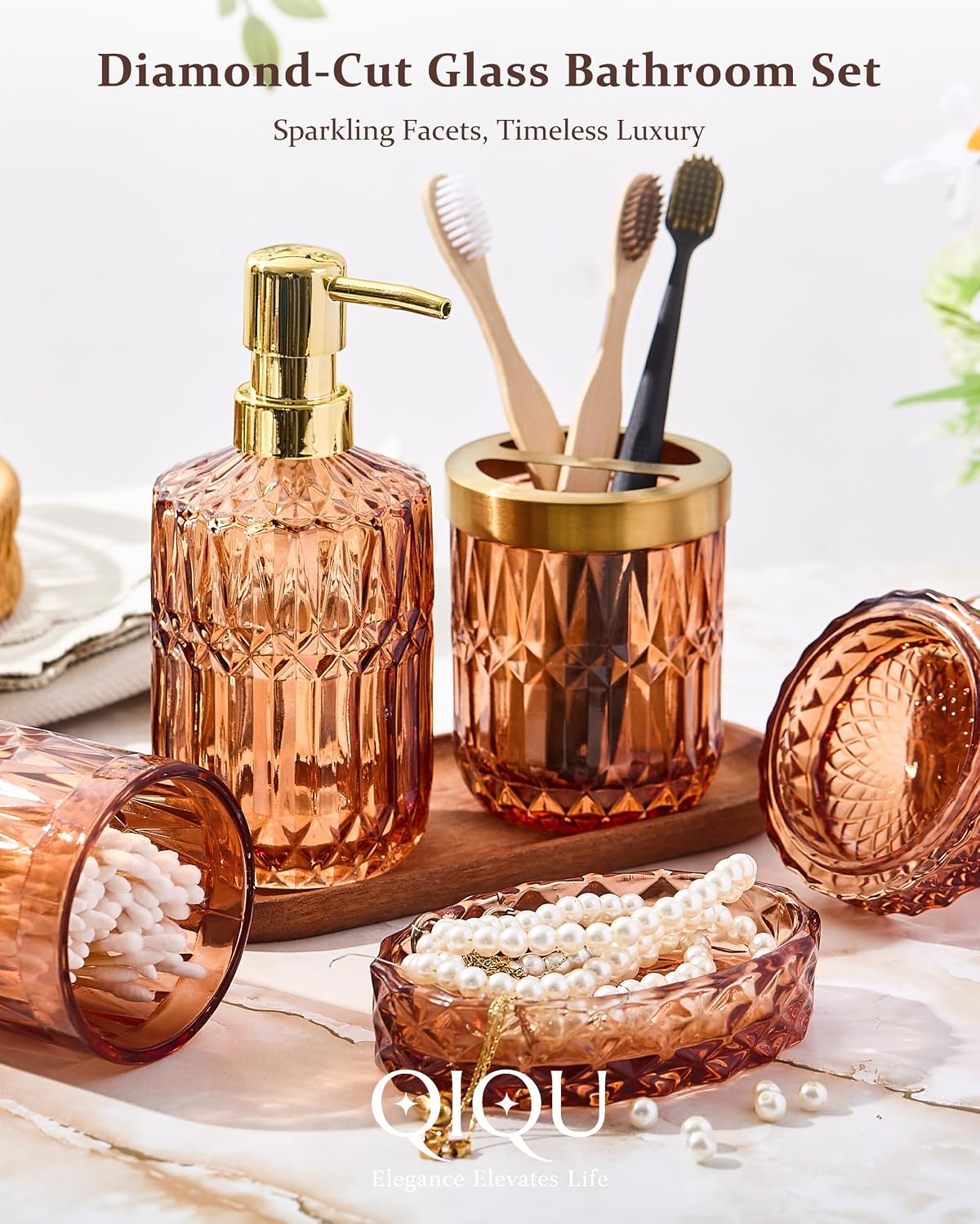 Amber 5Pcs Bathroom Accessories Set, Diamond Heavy Cut Glass Soap