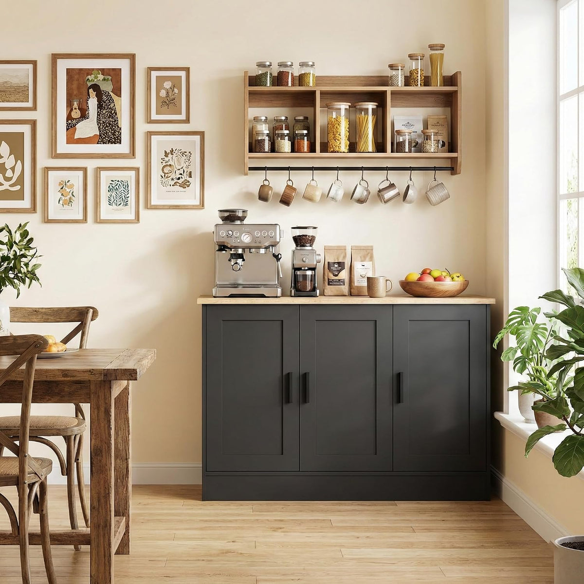 Anystyle 43" Black Buffet Cabinet with Black Handles, Small Kitchen