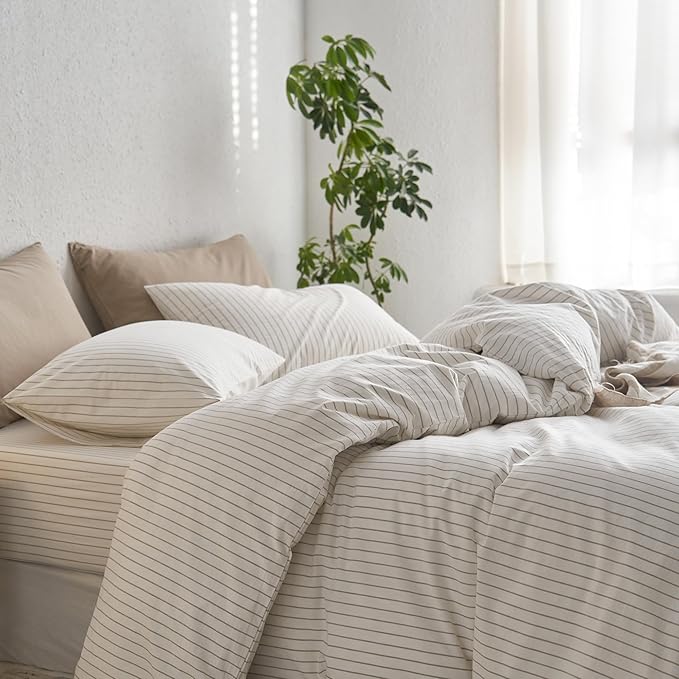 MooMee Bedding Pillowcases Striped Pack of 2 100% Washed Cotton Linen Like - Image 6