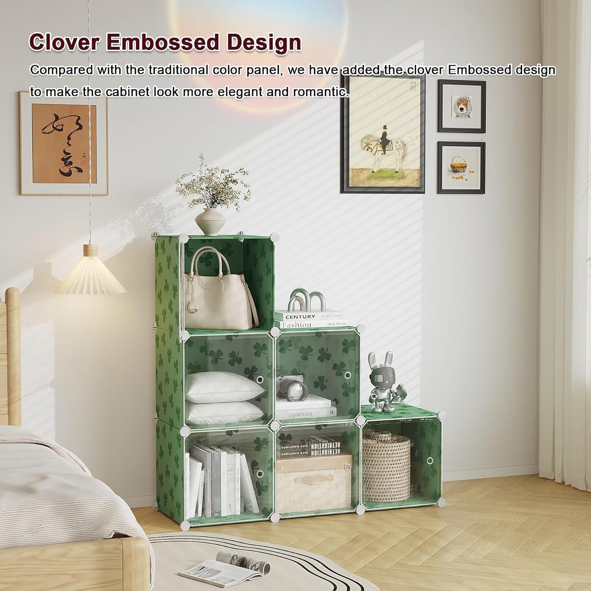 C&AHOME Clover Embossed Storage Organizer with Doors 6-Cube Shelf