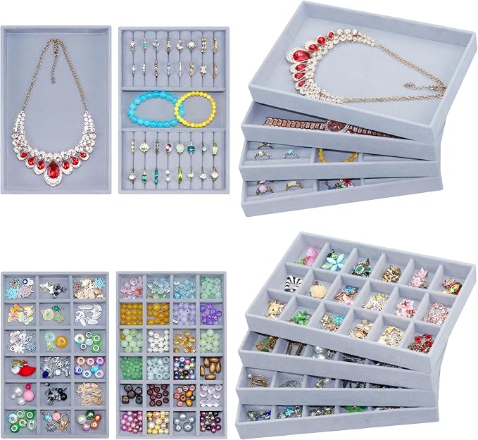 8 Pack Velvet Jewelry Trays X-Large Stackable Jewelry Drawer Organizer 8-Layer by 7COLORSKY