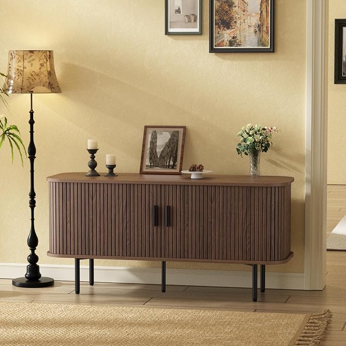 55''W Walnut Cabinet with Storage, Media Console, Tambour TV Stand, Television by FiveWillowise