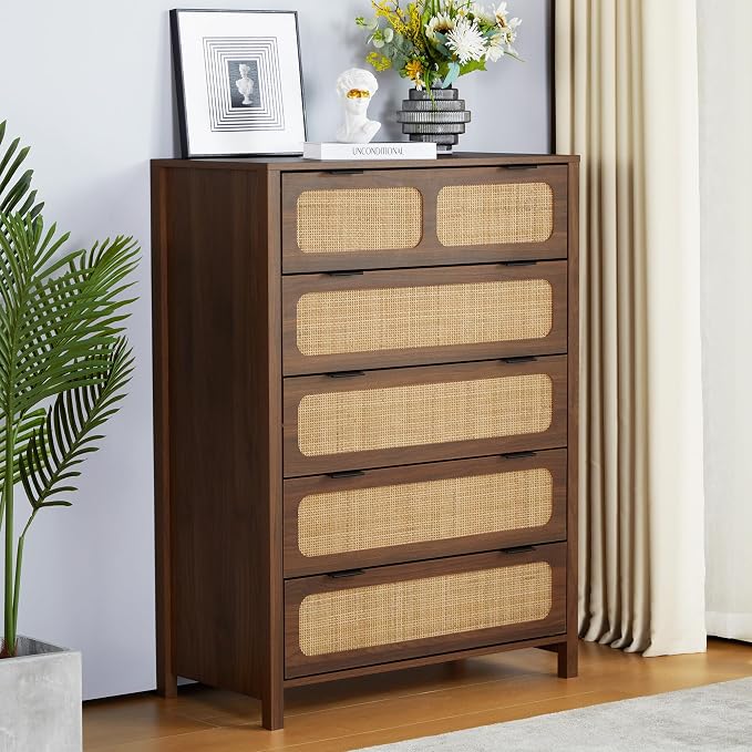 5 Drawer Dresser with Rattan Finish, Modern Farmhouse Chest of Drawers with by YUCHIATHSoulFurniture