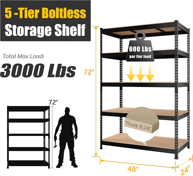 PrimeZone 48" x 24" x 72" Heavy Duty Storage Shelves, 5 Tier Adjustable Garage - Image 3