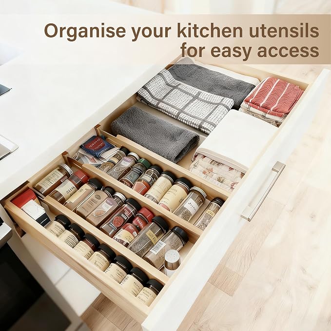 Bamboo Drawer Divider Set of 4, Adjustable Spring-Loaded Drawer Organizer - Image 4