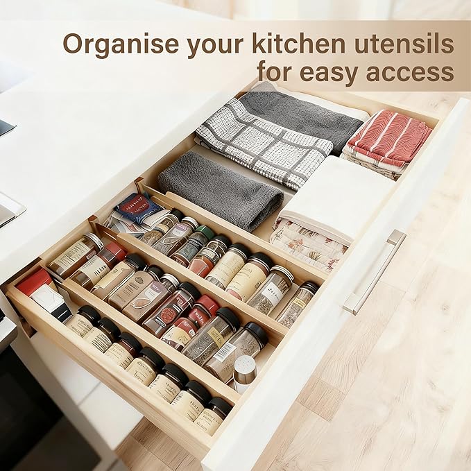 Bamboo Drawer Divider Set of 8, Adjustable Spring-Loaded Drawer Organizer - Image 4