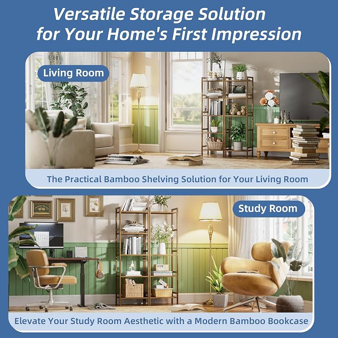 HITNET Bamboo Book Shelf, Tall Narrow Bookcase, Bathroom Shelving Unit 5 Tier - Image 9
