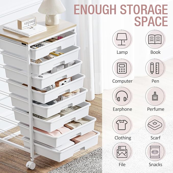 Storage Cart with 8 Drawers, Utility Cart with White Drawers and Wooden Tabletop - Image 4