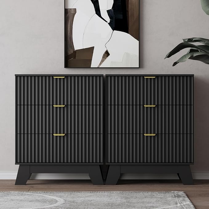 Night Stand Set 2, Bedside Table & End Table, Mid Century Modern Fluted Wood by WODEER