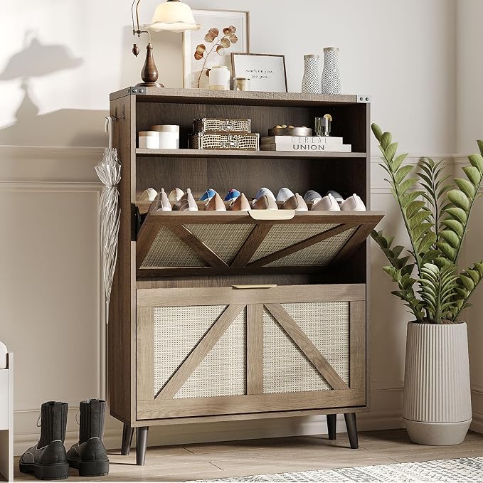 Shoe Cabinet with 2 Flip Drawers & Open Storage, Farmhouse Shoe Storage Cabinet by Halitaa