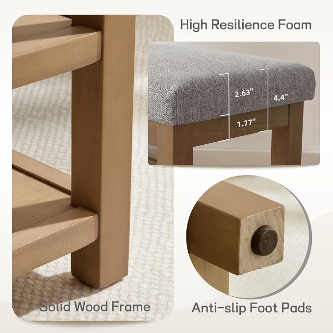 Shoe Rack Bench with Cushion, 2 Tier Solid Wood Storage Bench, Mid-Century - Image 8