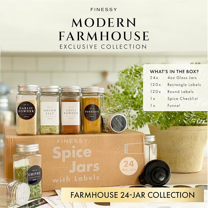 FINESSY Glass Spice Jars with Labels with Metal Lids and Shakers 24 Pack Set - Image 3