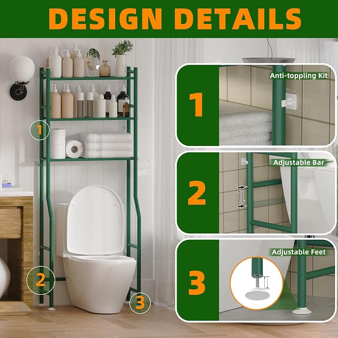 3-Tier Over The Toilet Storage, Space Saver Metal Bathroom Shelves, - Image 4