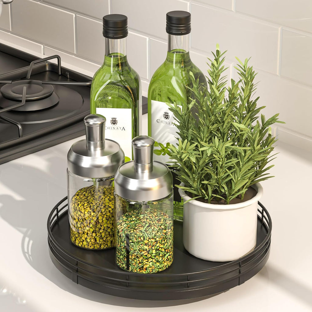 Oroyutor 9-Inch Oak Lazy Susan Spice Organizer, Black Finish