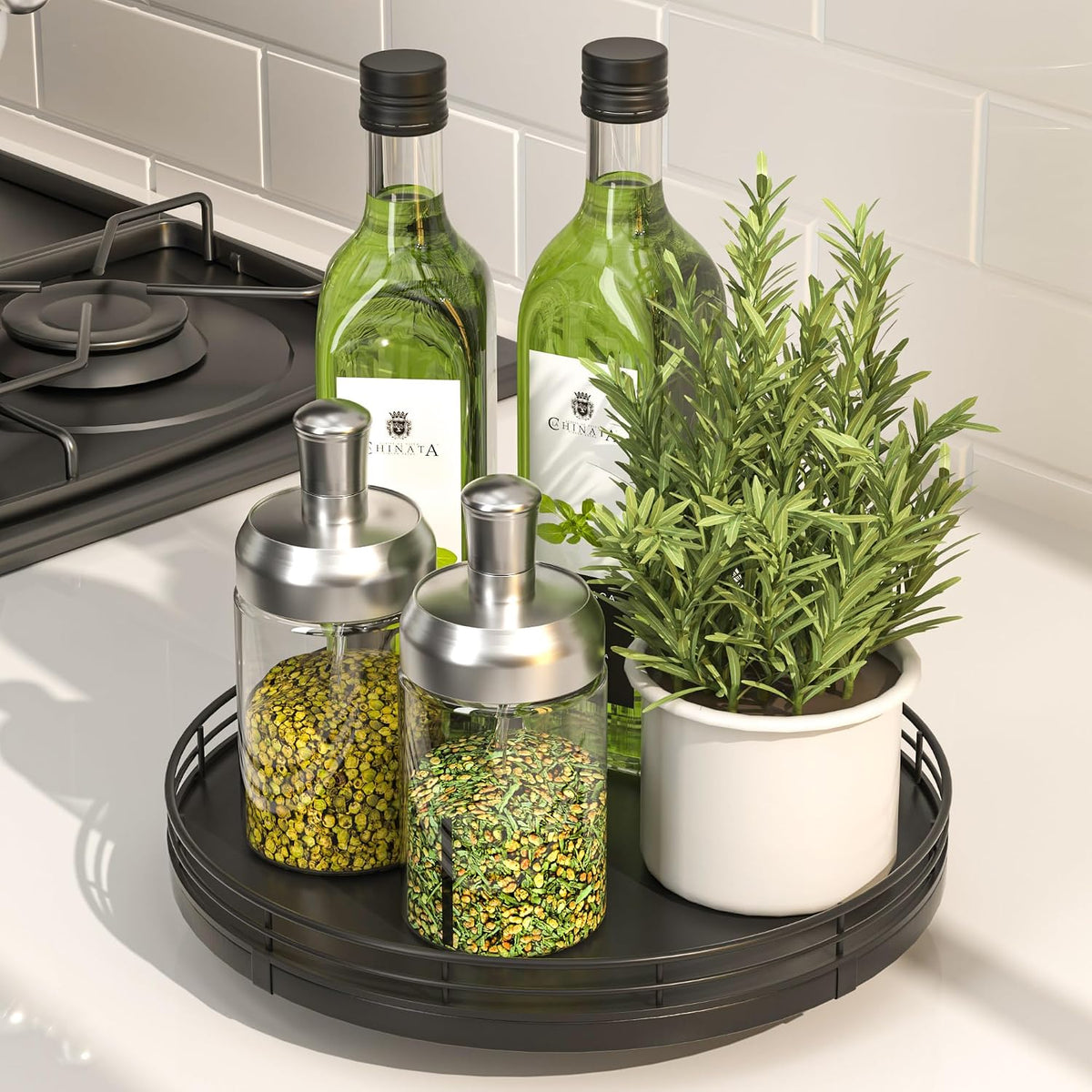 Oroyutor 9-Inch Oak Lazy Susan Spice Organizer, Black Finish