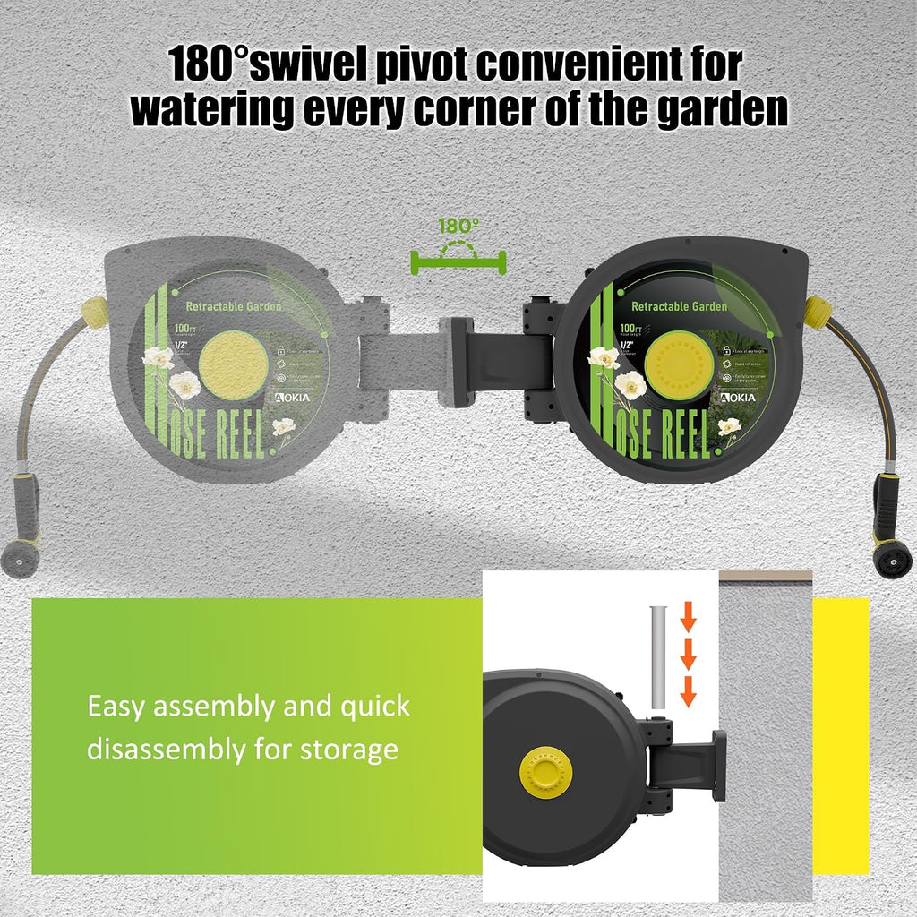 Aokia Retractable Garden Hose Reel, 1/2 in x 100 ft Wall Mounted Heavy