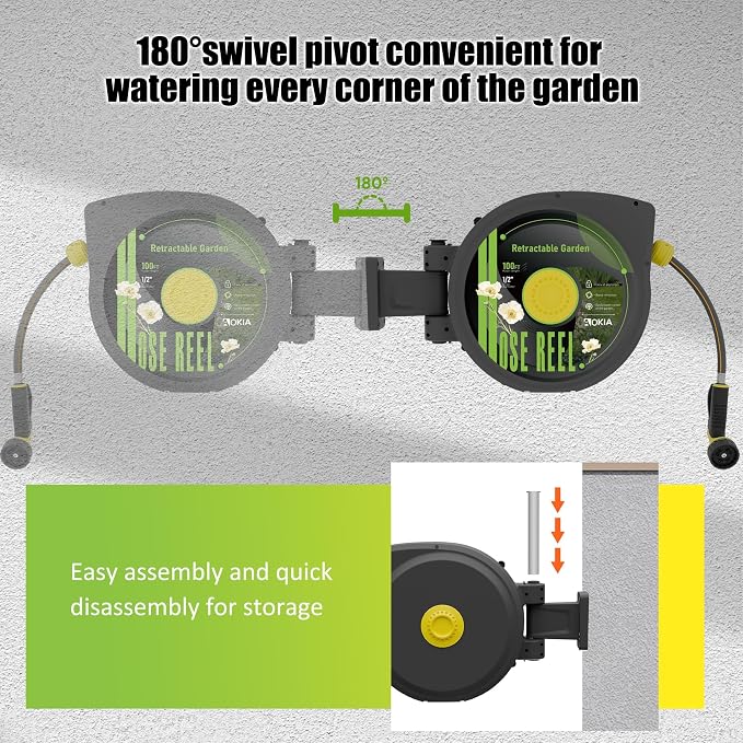 Aokia Retractable Garden Hose Reel, 1/2 in x 100 ft Wall Mounted Heavy Duty - Image 2
