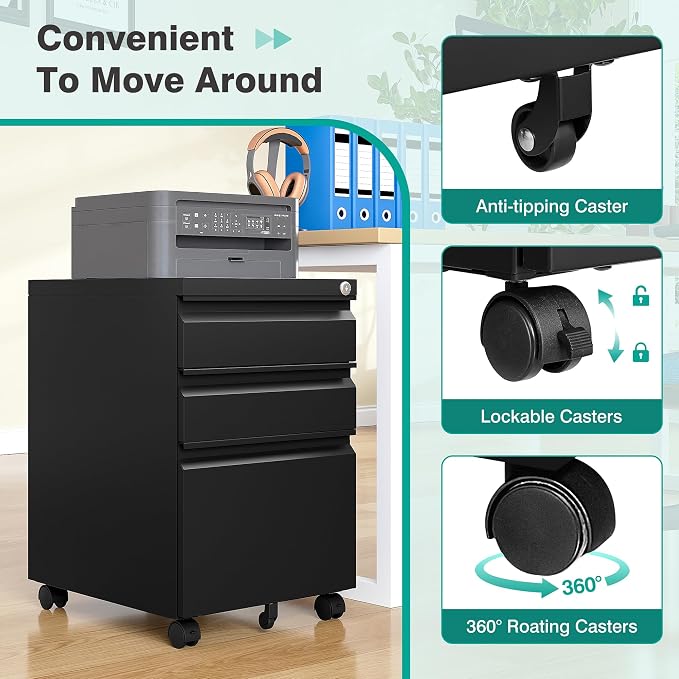 3 Drawer File Cabinet with Lock, Under Desk File Cabinet with Wheels, Three - Image 7