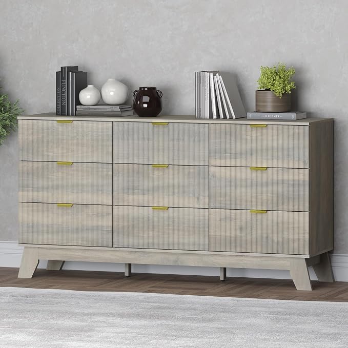Fluted 9 Drawer Dresser, 57.1" Wide Modern Boho Chest of Drawers, Wooden by BORNOON