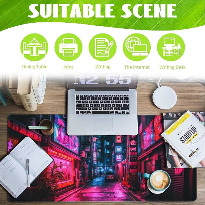 Desk Mat, Japanese Anime Neon Street Desk Pad, Anime City Large Gaming Mouse Pad - Image 3