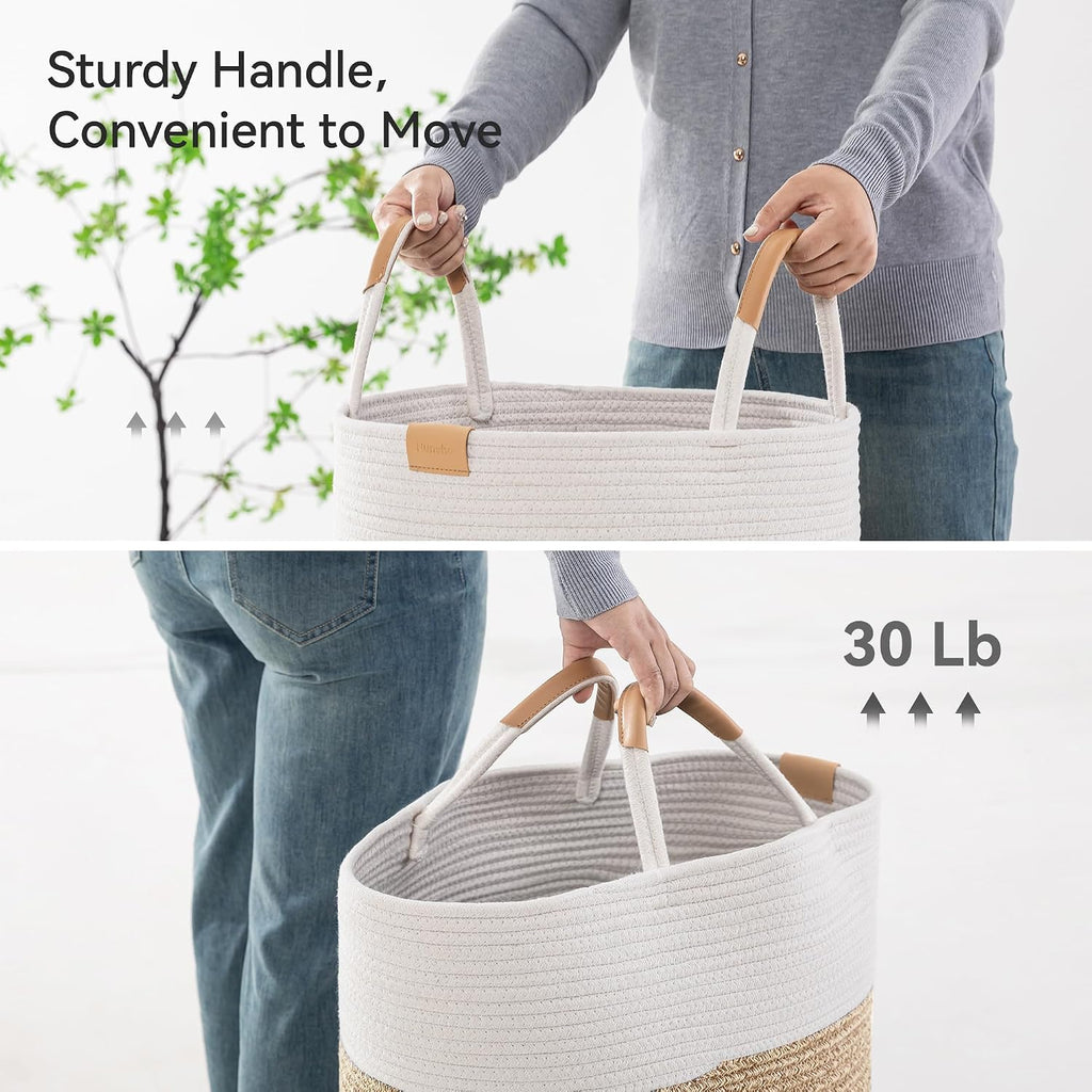 62L Striped Laundry Hamper with Leather Handles,Large Foldable Laundry