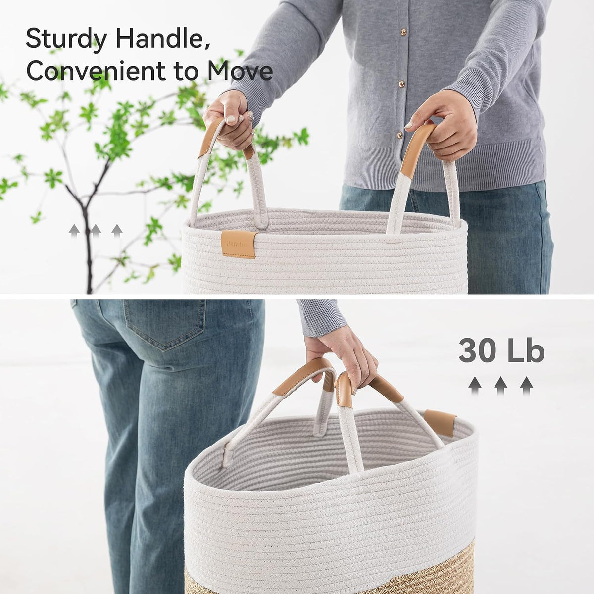 62L Striped Laundry Hamper with Leather Handles,Large Foldable Laundry