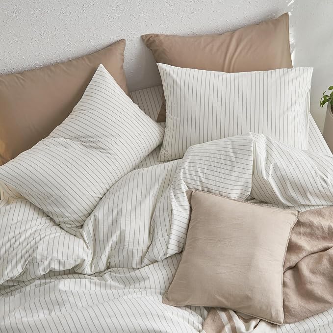 MooMee Bedding Pillowcases Striped Pack of 2 100% Washed Cotton Linen Like - Image 3