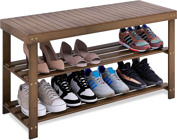 SMIBUY Bamboo Shoe Rack Bench, 3-Tier Shoe Organizer Storage Shelf by SMIBUY
