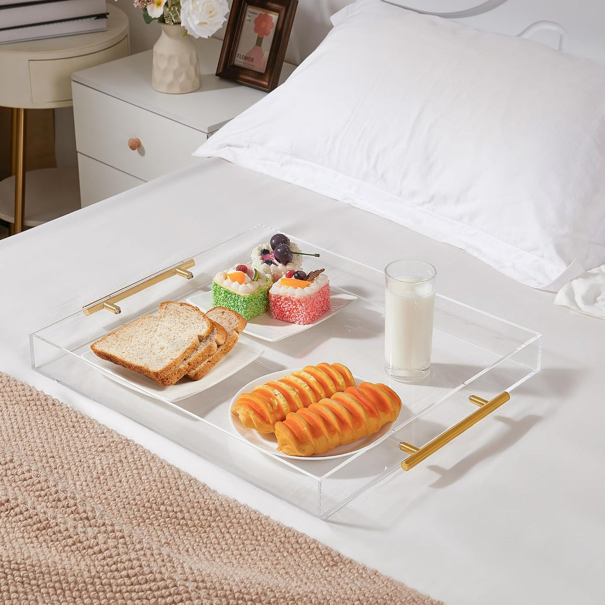 Large Clear Acrylic Serving Tray (16×18 Inches) with Gold Handles
