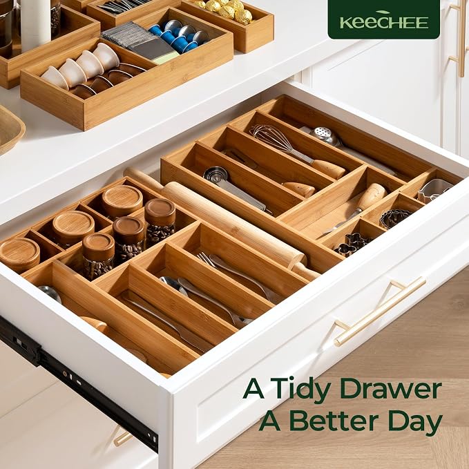 Carbonized Bamboo Kitchen Drawer Organizer, 8 Slots Silverware Organizer - Image 8