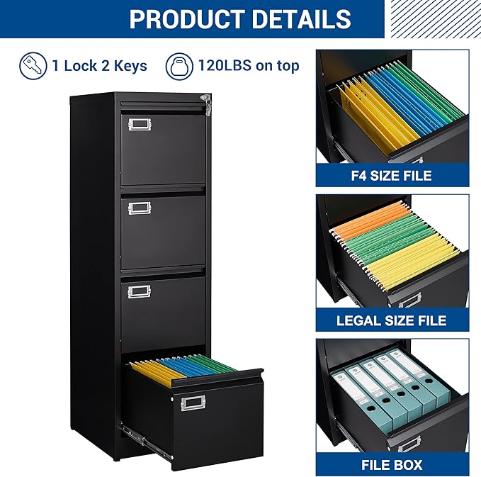 File Cabinet - 4 Drawers Vertical 17.8" Deep Lockable Filing Cabinet Black - Image 5