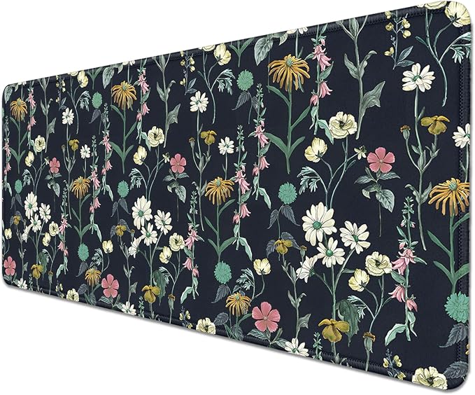Dark Botanical Flowers Mouse Pad, Extended Black Plant Floral Mousepad Desk Pad - Image 2