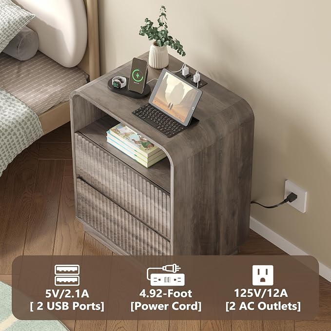Dresser with 2 Drawers and Charging Station, Fluted Bedside Table with Round - Image 4