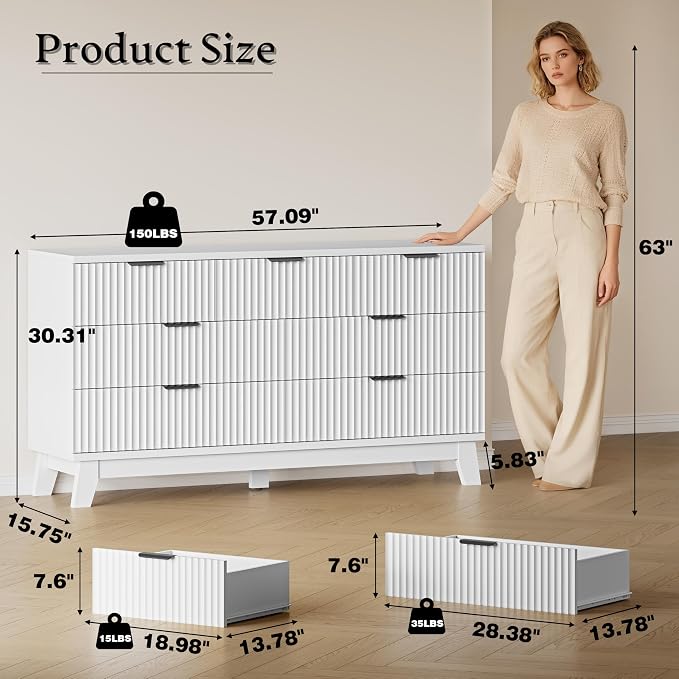 57" Long Dresser for Bedroom, 7-Drawer Fluted Chest, Wide Wood Storage Dresser - Image 2