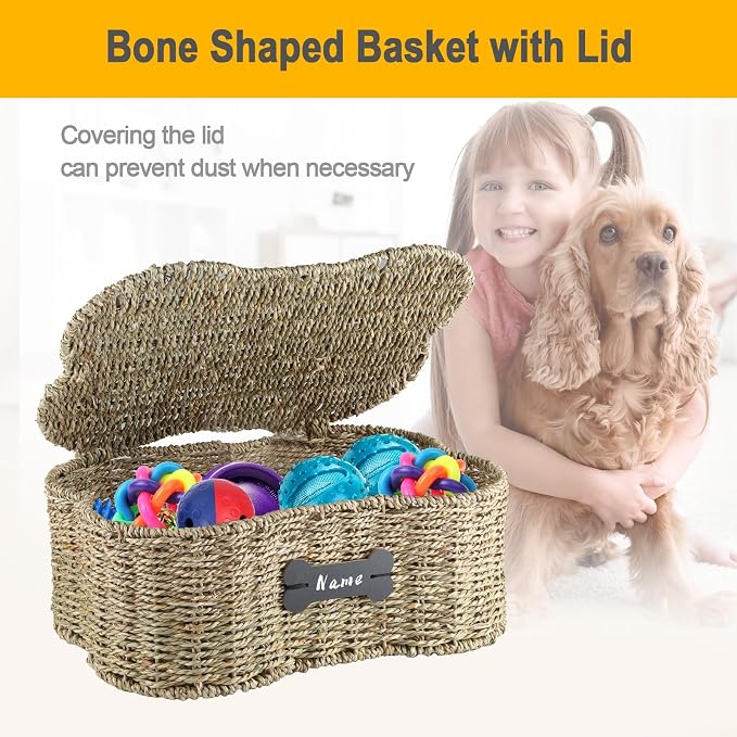 Seagrass Wicker Baskets for Dog Toys, Bone Shaped Dog Toy Bin - Image 3