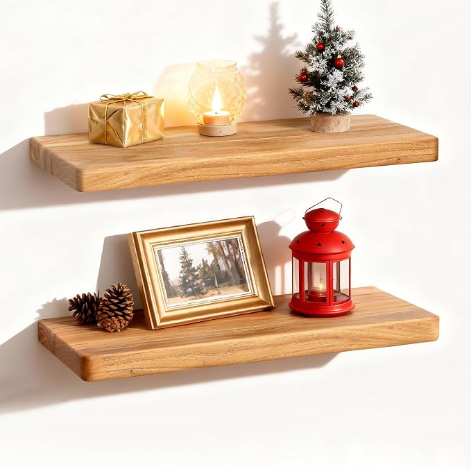 Fun Memories Rustic Solid Elm Wood Floating Shelves, 8 Inch Deep Wall Shelves by FunMemories