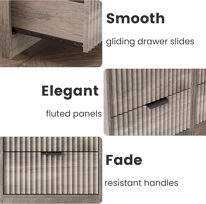 LED Nightstand with Charging Station, Fluted Nightstand Set of 2, Wood - Image 8
