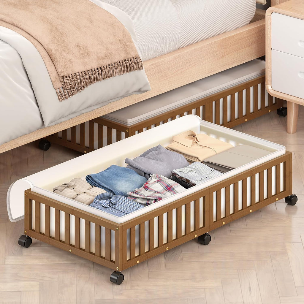 2 Pack Large Bamboo Under Bed Storage Containers with Wheels, Brown