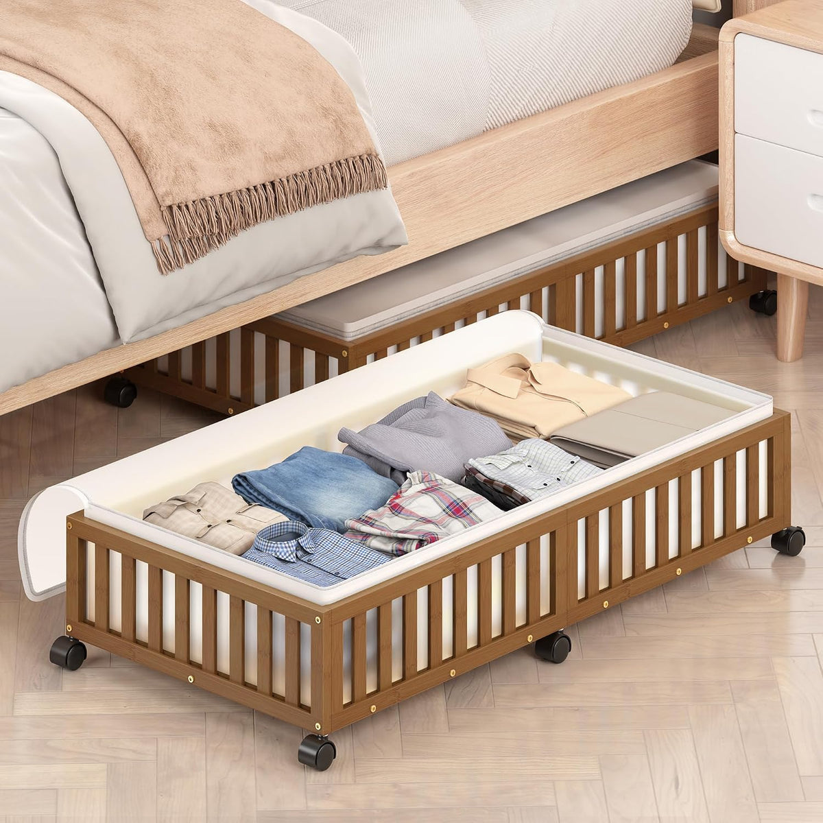 2 Pack Large Bamboo Under Bed Storage Containers with Wheels, Brown