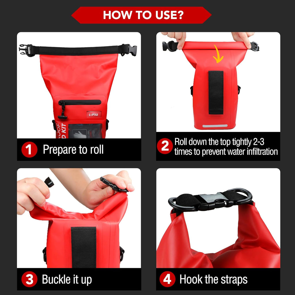 250 PCS Water‐Resistant First Aid Kit, Roll Top Reflective Emergency