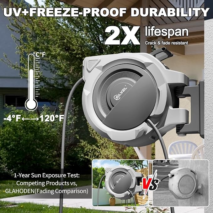 SILVEL Retractable Garden Hose Reel – 1/2 in x 150FT Heavy Duty Automatic Hose - Image 4