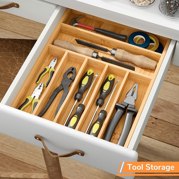 BAMEOS Bamboo Silverware Drawer Organizers, 11.9 inch Utensil Drawer Organizer - Image 6