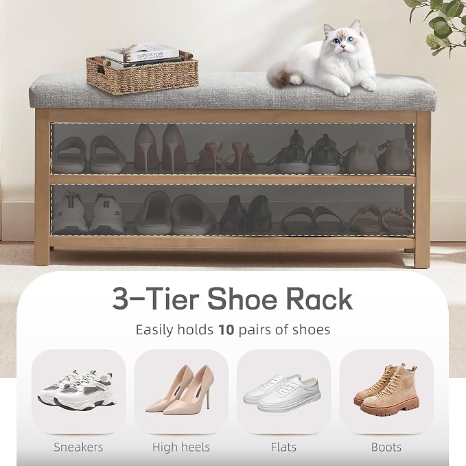 Shoe Rack Bench with Cushion, 2 Tier Solid Wood Storage Bench, Mid-Century - Image 6