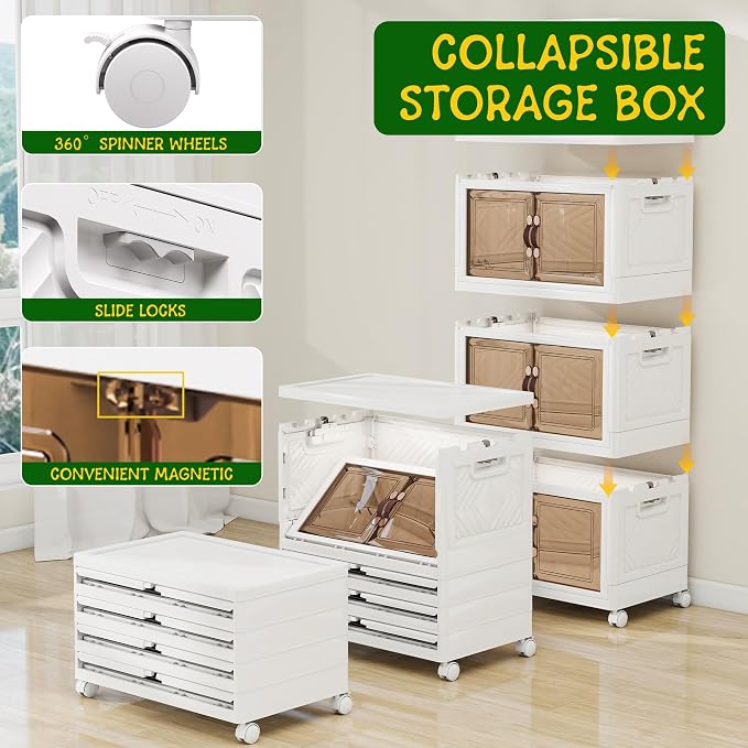 Storage Bins with Lids and Wheels, Collapsible Bathroom Storage Cabinet with - Image 3