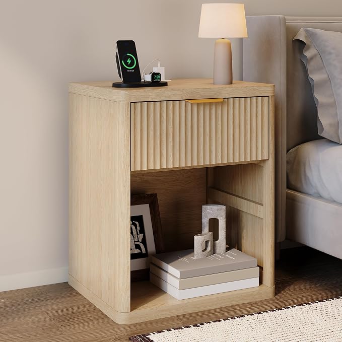 Fluted Nightstand with Charging Station, Bedside Table with Drawers and Open by Boaeatu