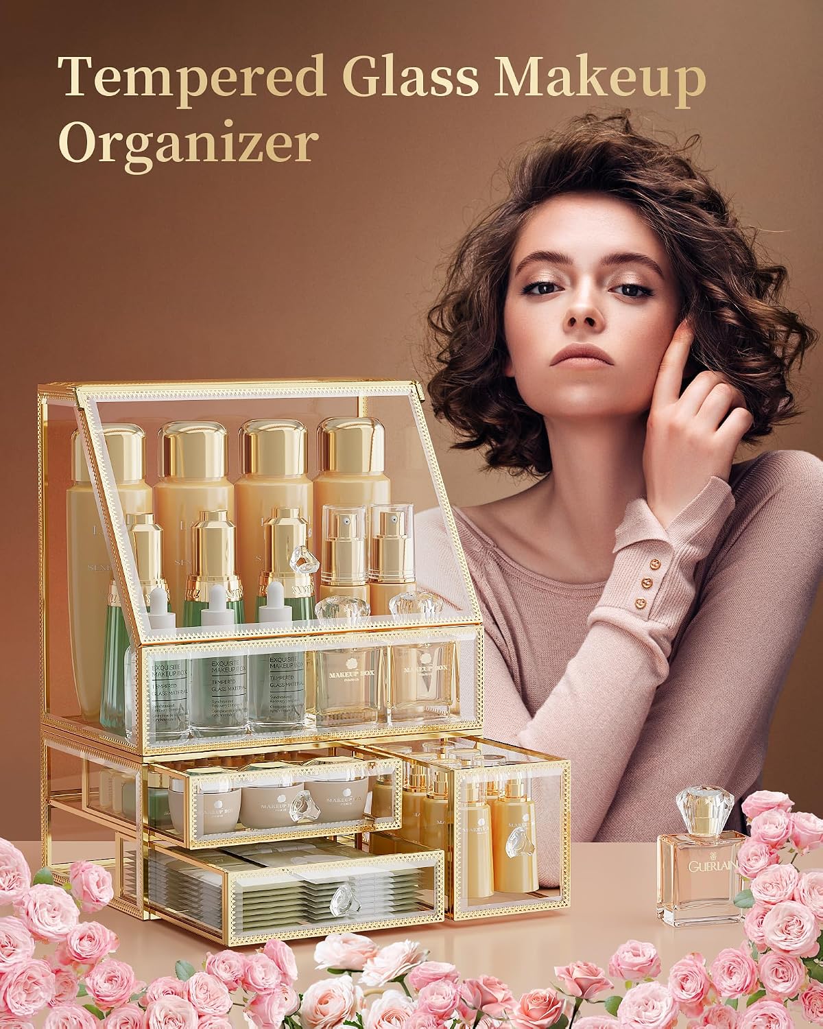 Glass Makeup Organizer with Lid and Drawer for Vanity, Clear