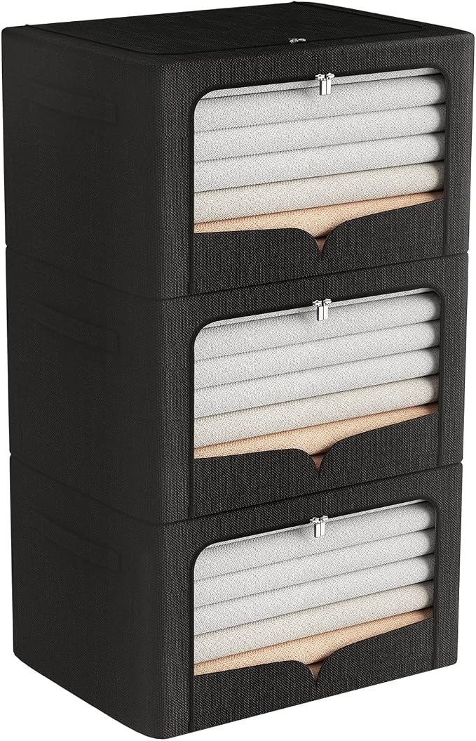 FHSQX 3 Pack Clothes Storage Bins Foldable Metal Frame Storage Box Stackable by FHSQX