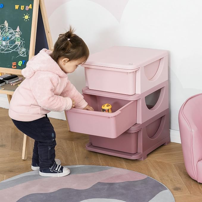 Qaba 3 Tier Kids Storage Unit, 3 Drawer Chest Toy Organizer Plastic Bins - Image 2