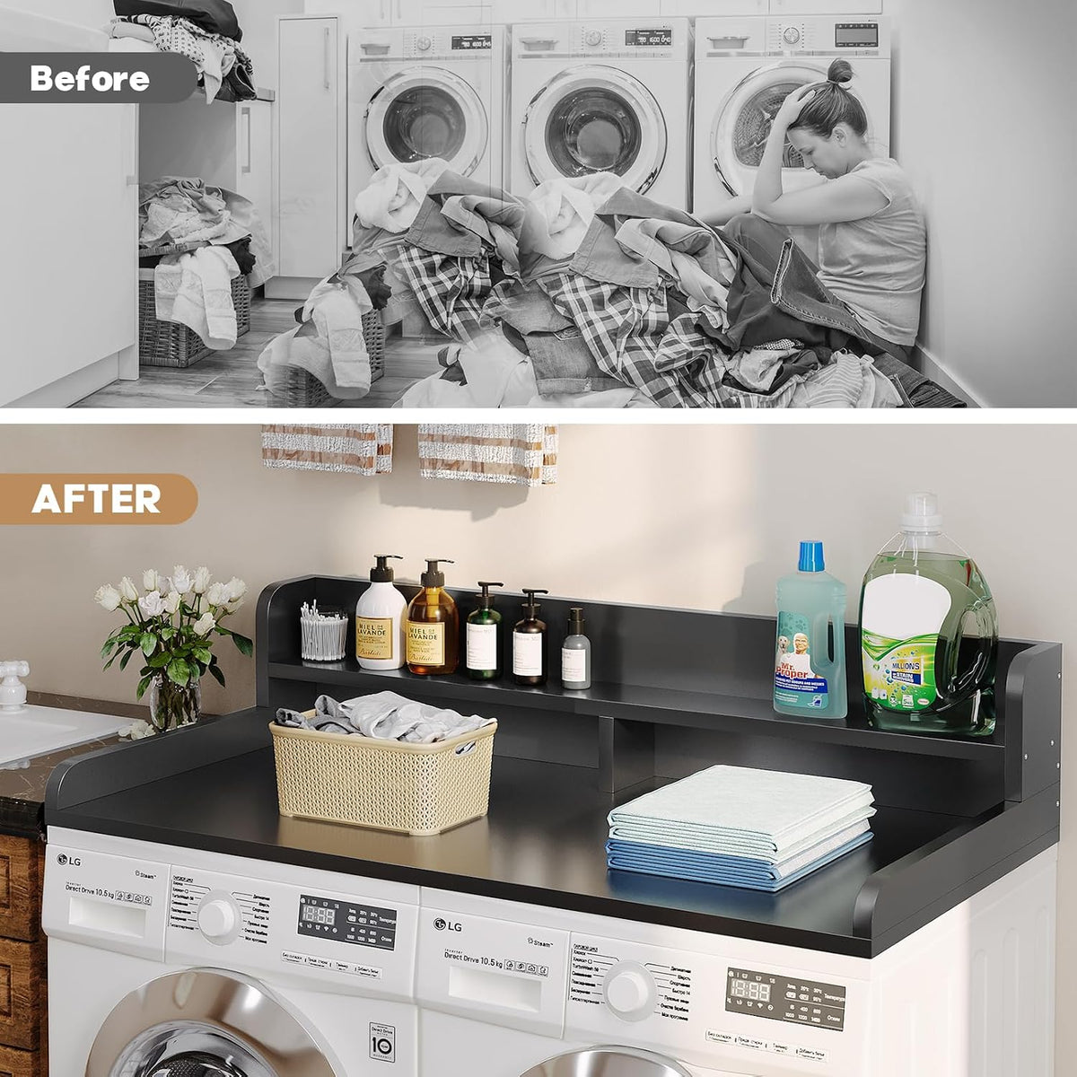 2-Tier Washer Dryer Countertop with 2.75" H Edge Rails, 58" W x 28" D